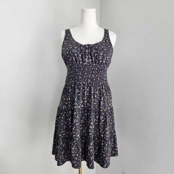 Lucky Brand Dresses & Skirts - Lucky Brand Grey Ditsy Floral Smocked Tiered Tank Sundress Cotton A Line L